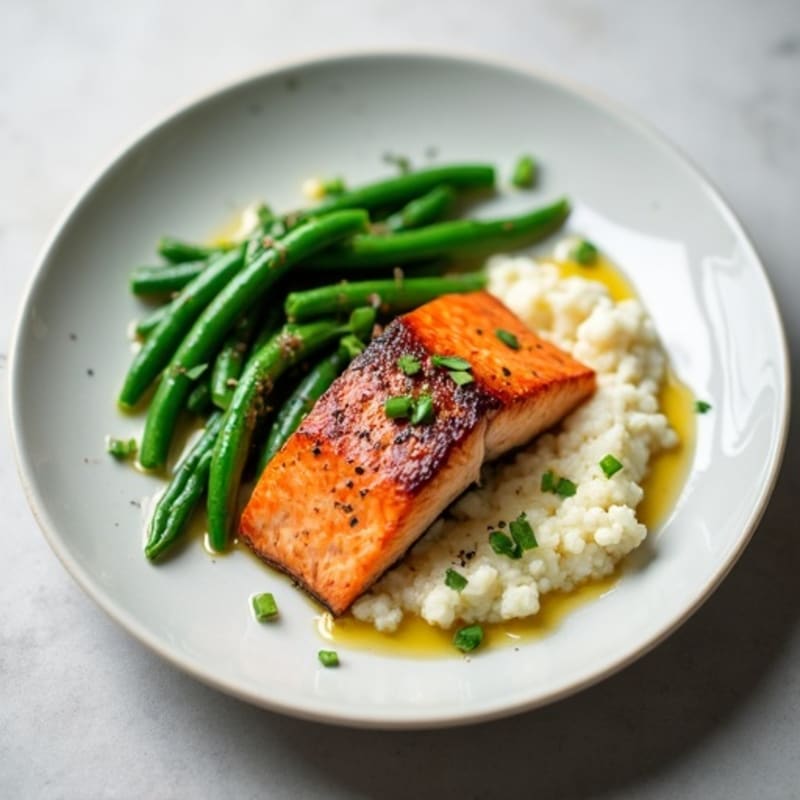 Seared Salmon with Garlic Green Beans and Cauliflower Mash