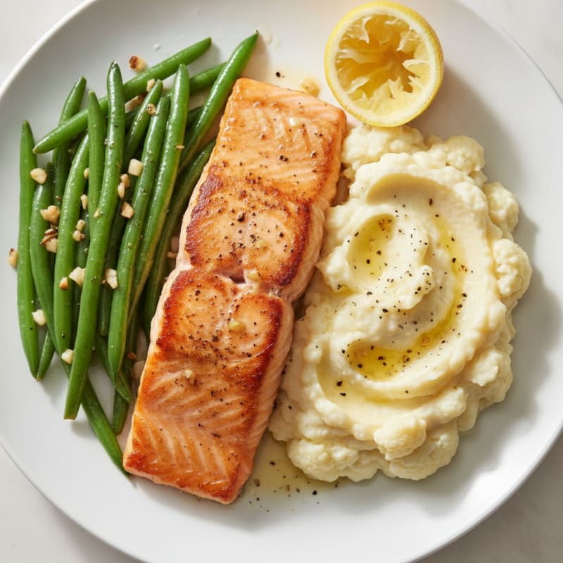 Seared Salmon with Garlic Green Beans and Mashed Cauliflower