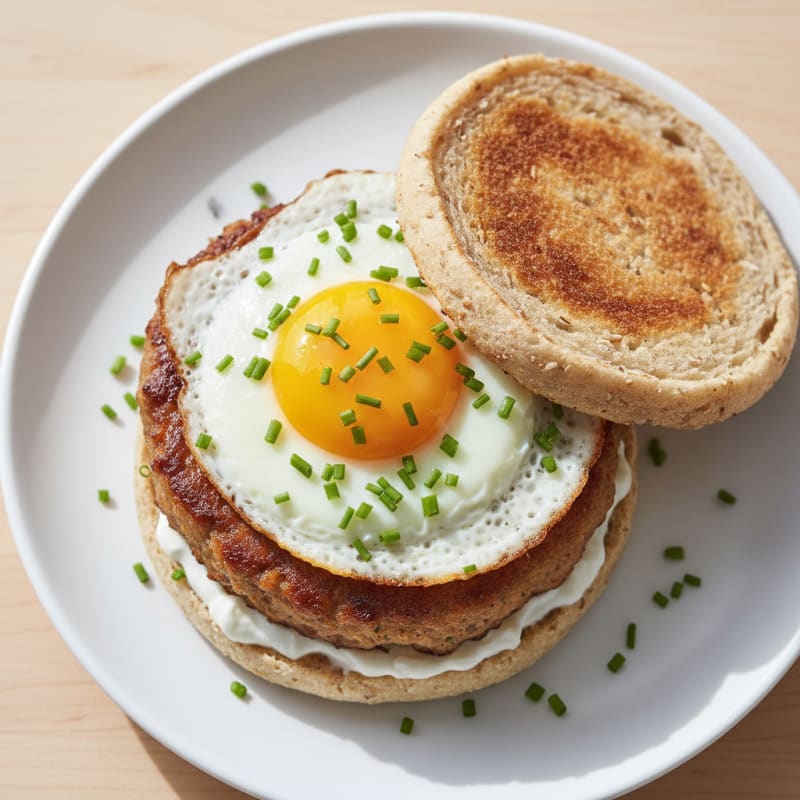 Duck Egg and Chicken Sausage Breakfast Sandwich