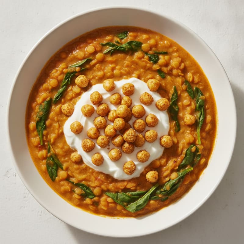 Creamy Lentil and Spinach Stew with Roasted Chickpeas
