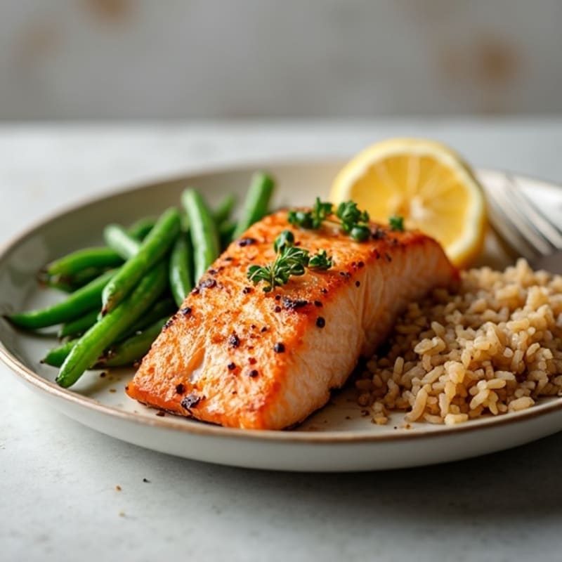 Seared Salmon with Garlic Green Beans and Brown Rice