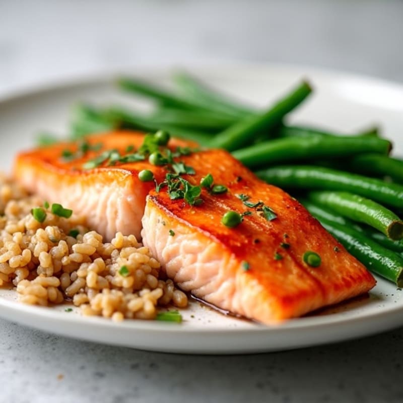Seared Salmon with Steamed Green Beans and Brown Rice