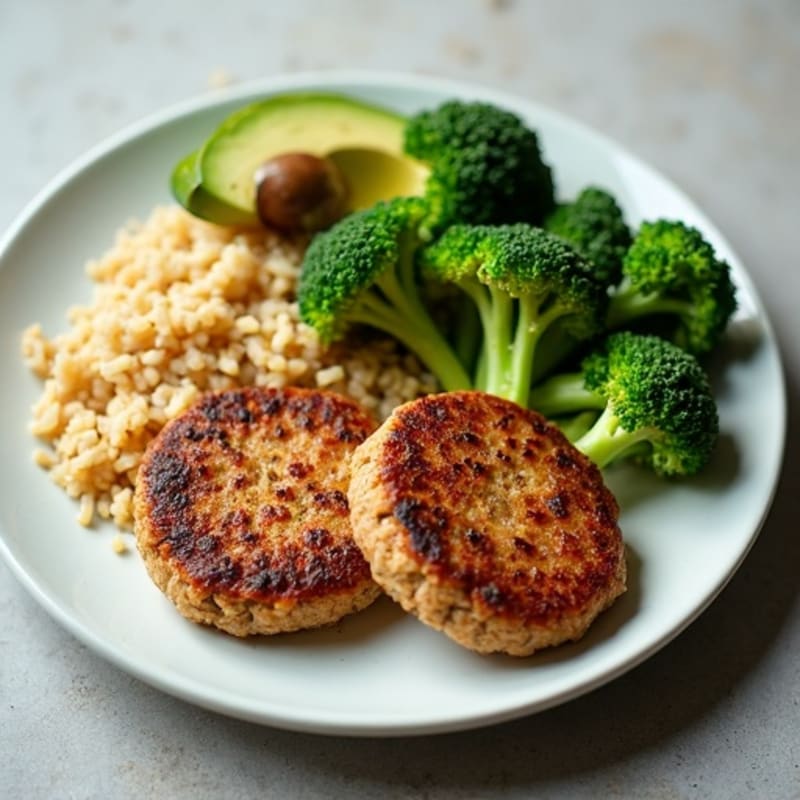 Seared Turkey Patties with Steamed Broccoli and Brown Rice