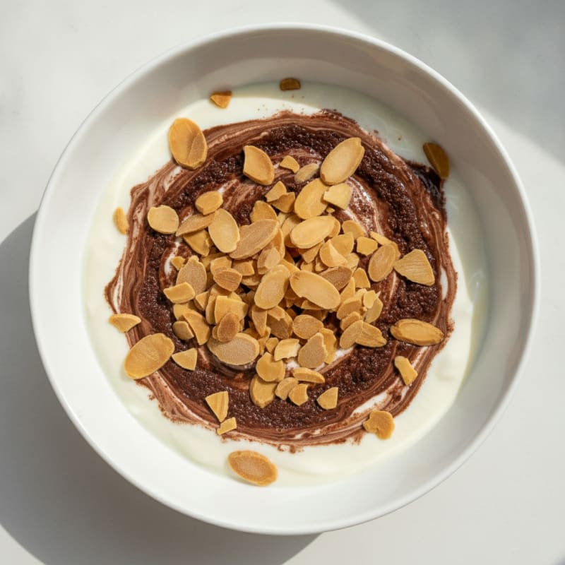 Vanilla Greek Yogurt with Chocolate Protein Powder and Sliced Almonds
