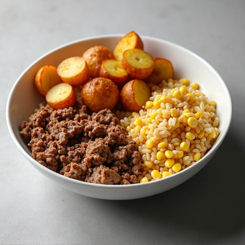 Lean Ground Beef and Chicken Power Bowl with Roasted Potatoes, Rice, and Corn