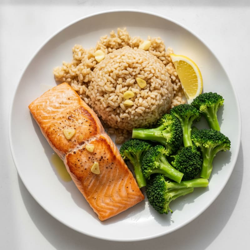 Seared Salmon with Steamed Broccoli and Garlic Brown Rice