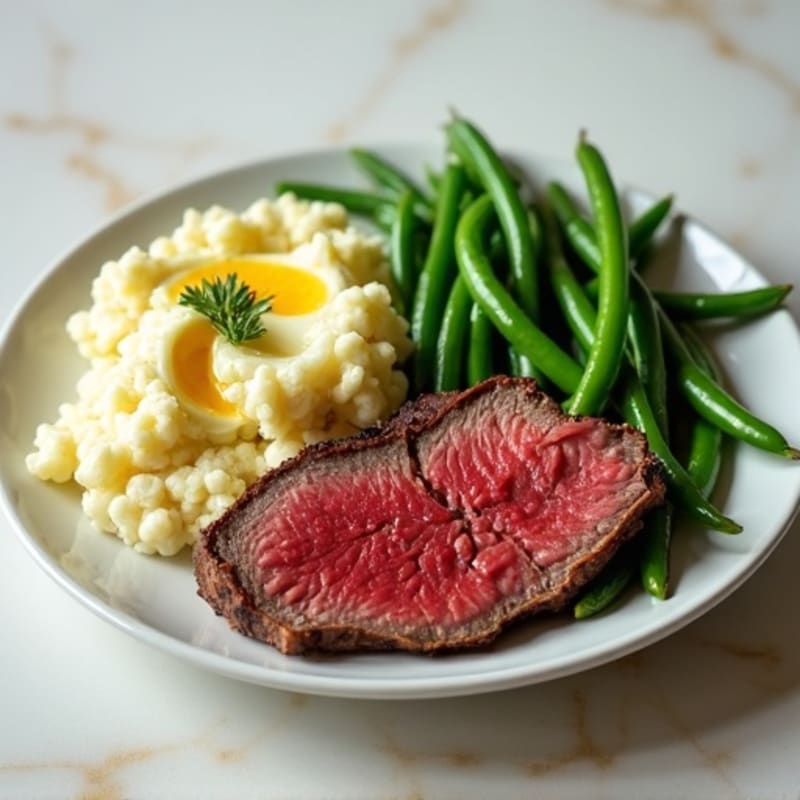 Seared Lean Beef with Steamed Green Beans and Garlic Mashed Cauliflower