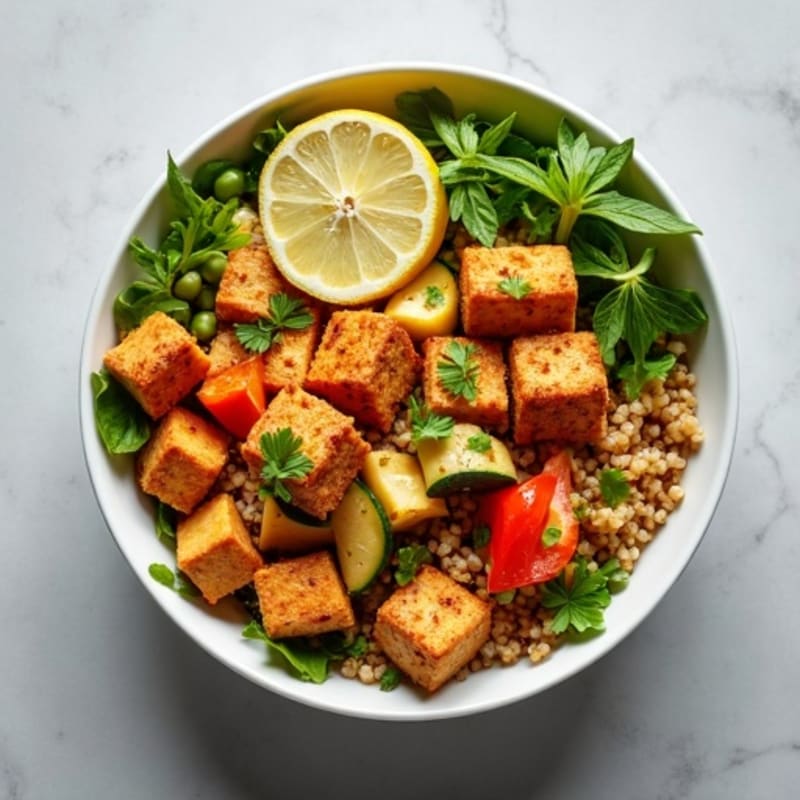 Crispy Tofu and Edamame Power Bowl with Quinoa and Roasted Vegetables