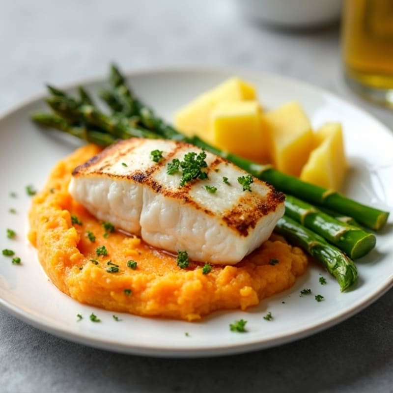 Seared Cod with Steamed Asparagus and Sweet Potato Mash