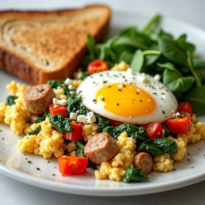 Egg White and Turkey Sausage Scramble with Spinach, Bell Peppers & Whole Wheat Toast