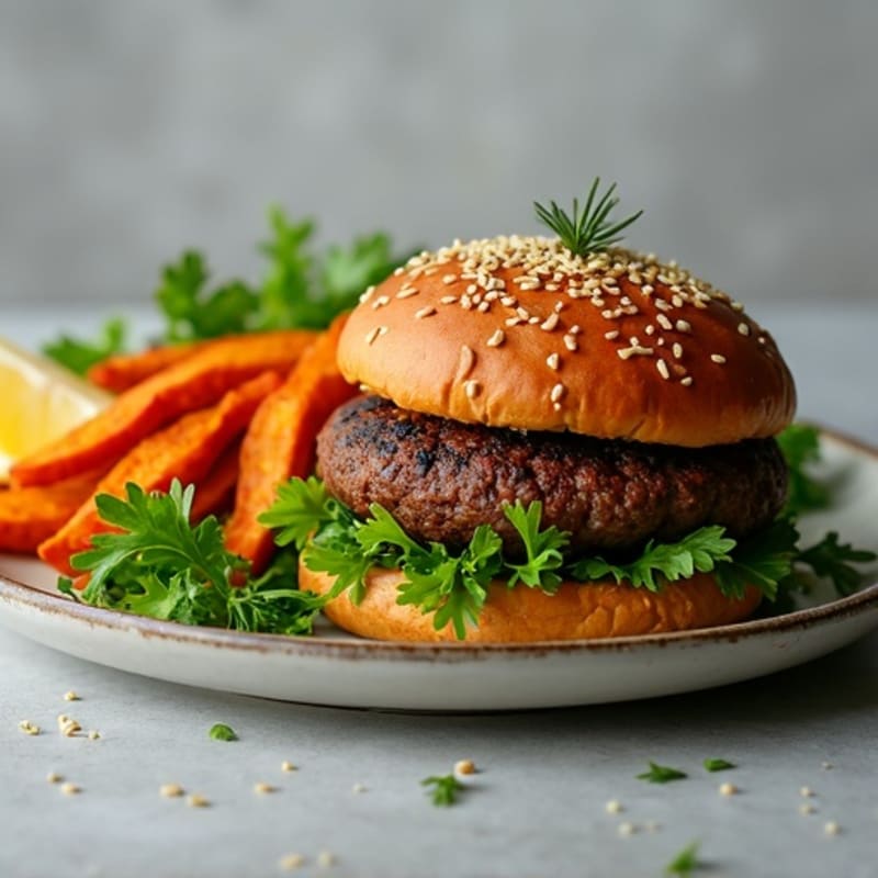 Herb-Seasoned Bison Burger with Crispy Sweet Potato Fries and Fresh Greens