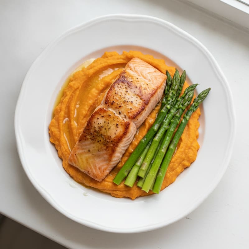 Seared Salmon Fillet with Steamed Asparagus and Sweet Potato Mash
