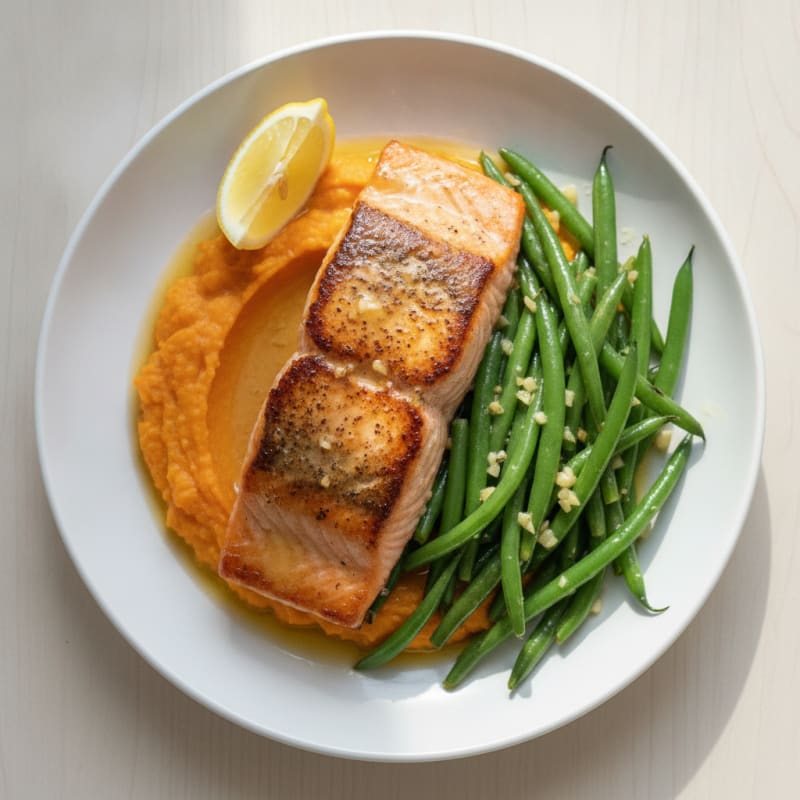 Seared Salmon Fillet with Garlic Green Beans and Sweet Potato Mash