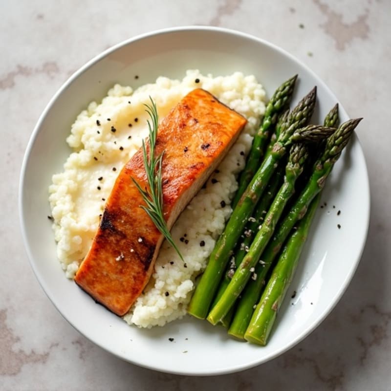 Grilled Salmon with Roasted Asparagus and Cauliflower Mash