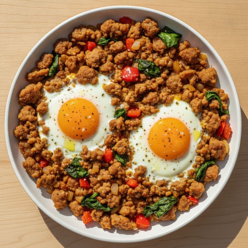 Baked Eggs with Savory Sausage Crumble