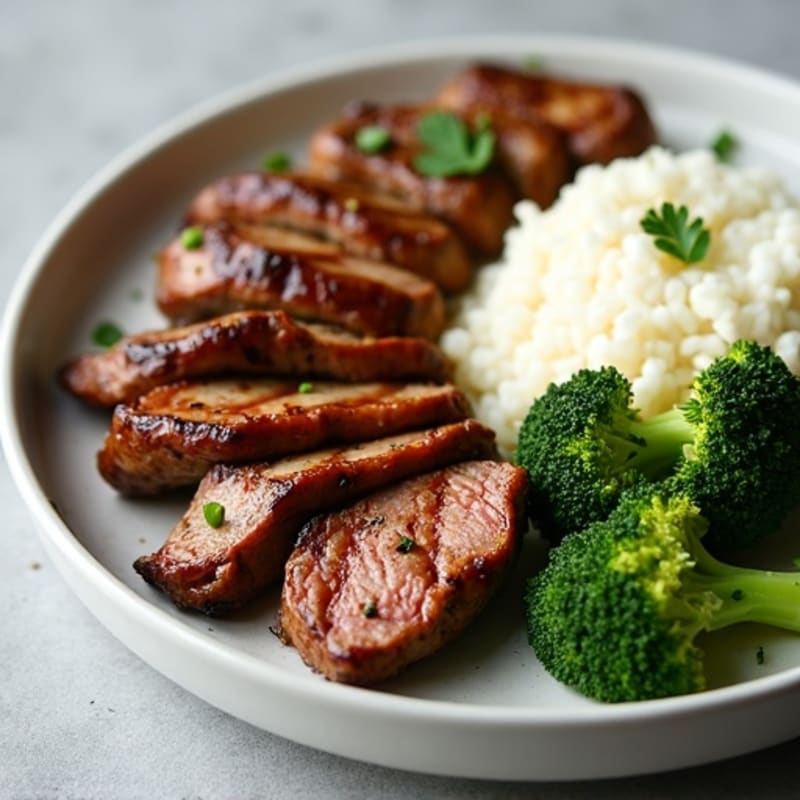 Grilled Steak Strips with Roasted Broccoli and White Rice
