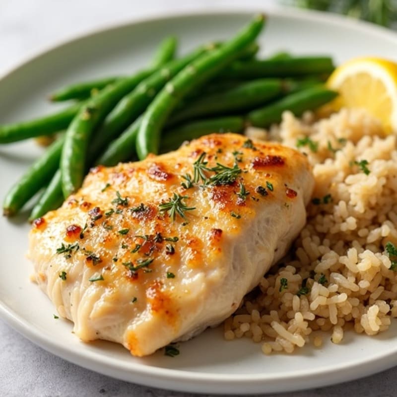 Lemon-Herb Roasted Chicken with Crispy Green Beans and Fluffy Brown Rice