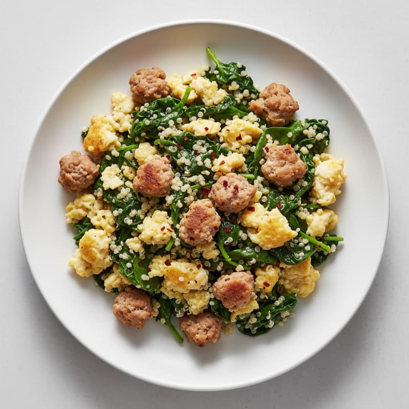 Egg White and Turkey Sausage Scramble with Sautéed Spinach and Quinoa