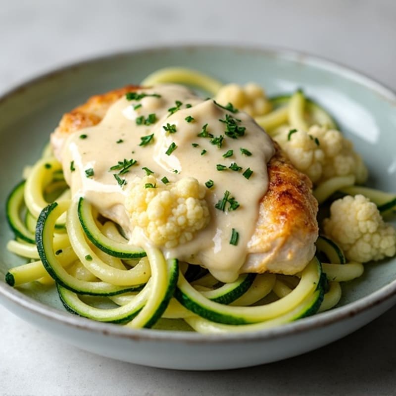 Creamy Cauliflower Alfredo Chicken with Zucchini Noodles