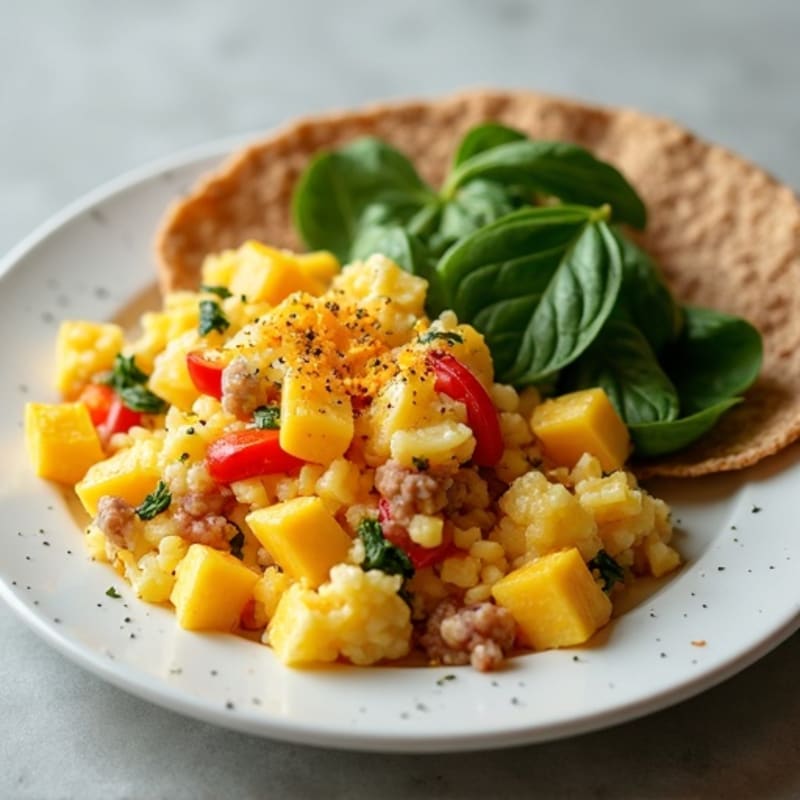Hearty Egg and Veggie Scramble with Warm Whole Wheat Tortilla