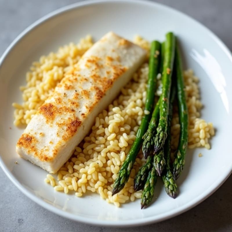 Crispy Pan-Seared Ling Cod with Creamy Lemon Orzo and Roasted Asparagus