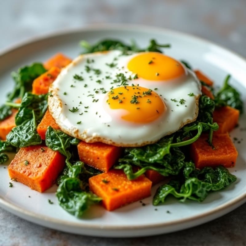 Egg and Sweet Potato Hash with Sautéed Spinach