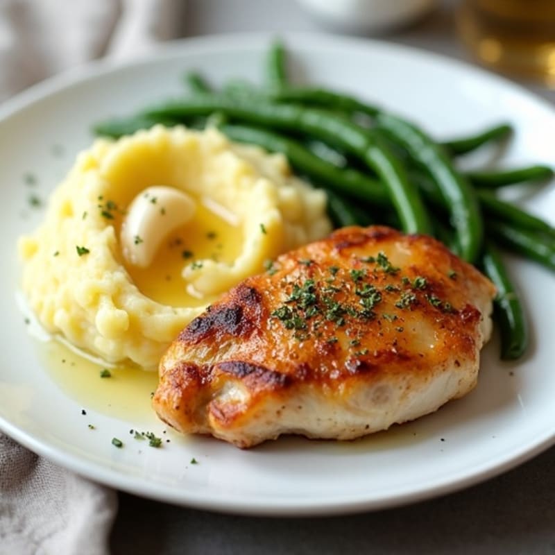 Pan-Seared Chicken with Buttery Garlic Mashed Potatoes and Crispy Green Beans