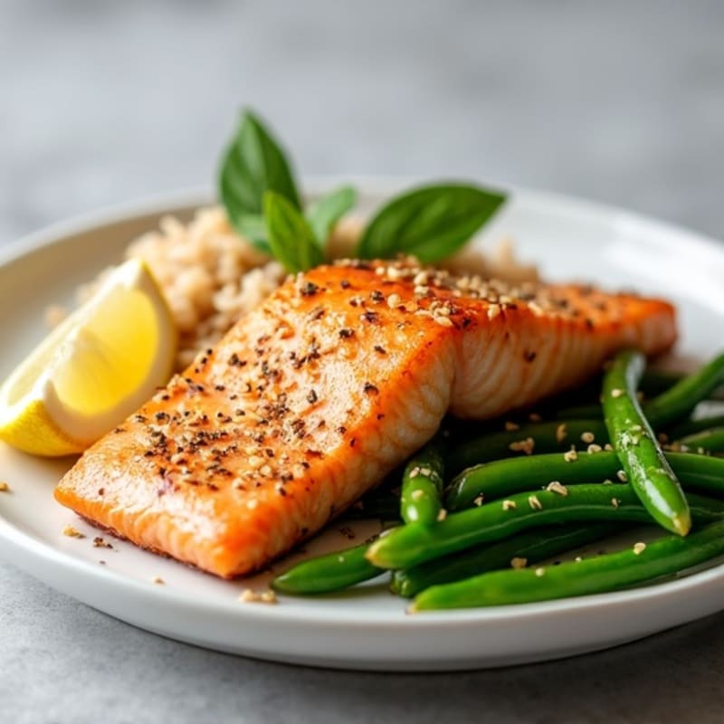 Seared Salmon Fillet with Garlic Green Beans and Brown Rice