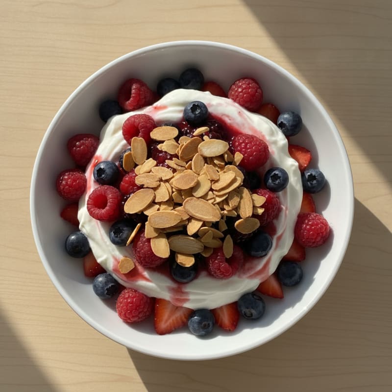 Greek Yogurt Protein Parfait with Mixed Berries and Almonds