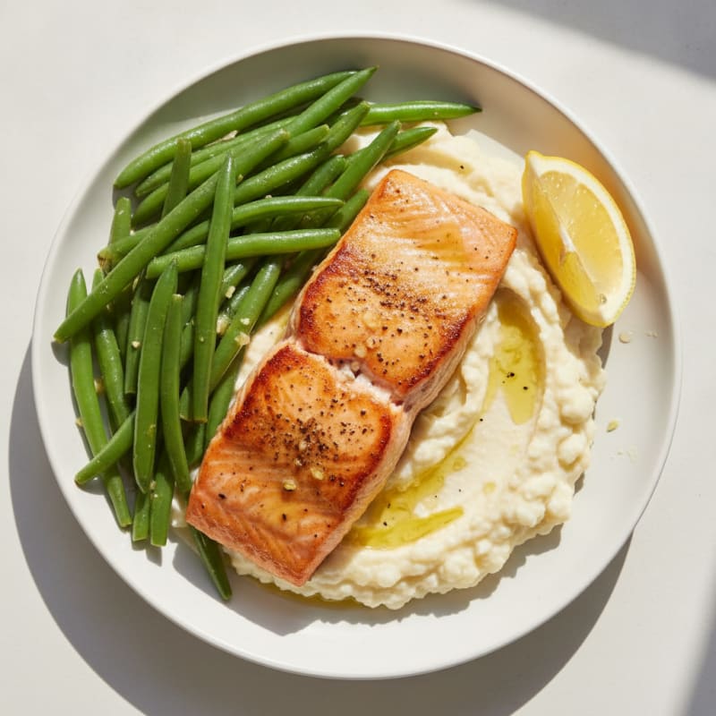Seared Salmon with Steamed Green Beans and Cauliflower Mash
