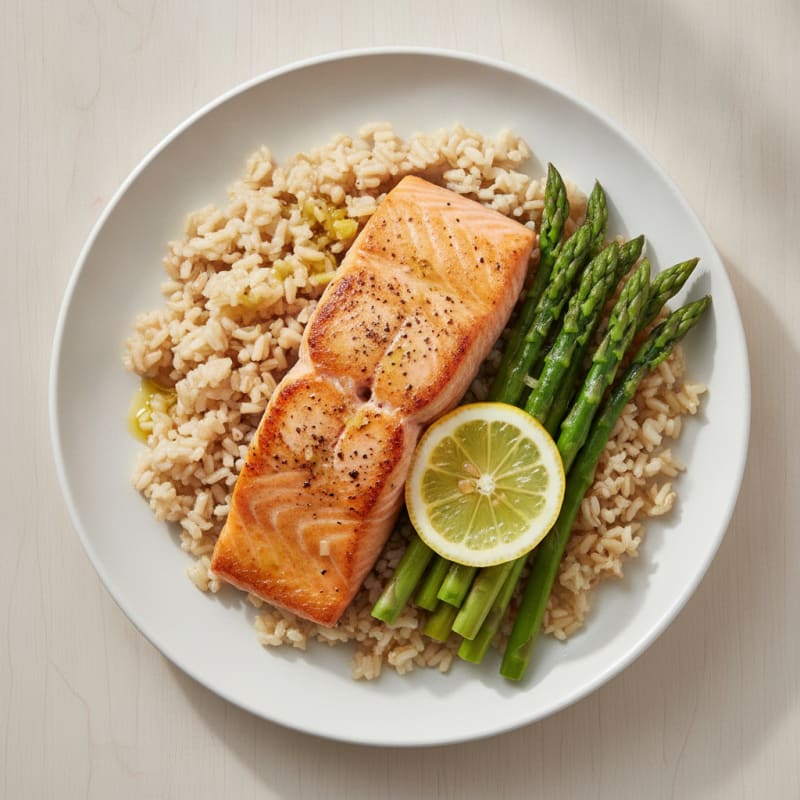 Seared Salmon Fillet with Steamed Asparagus and Brown Rice