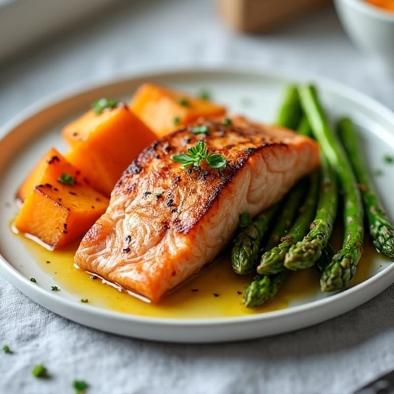 Seared Salmon with Roasted Sweet Potato and Asparagus