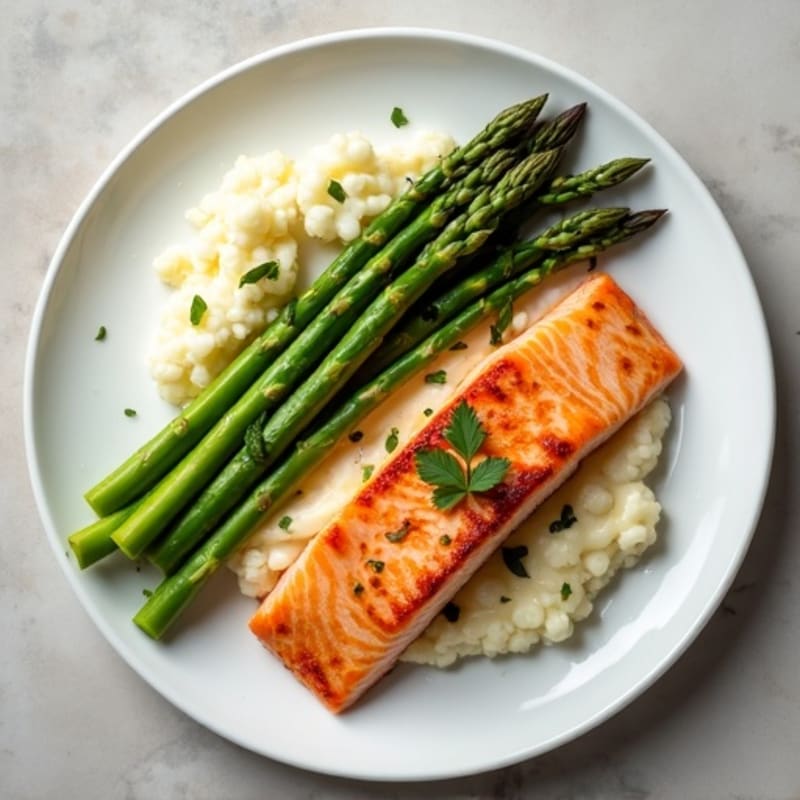 Seared Salmon with Steamed Asparagus and Cauliflower Mash