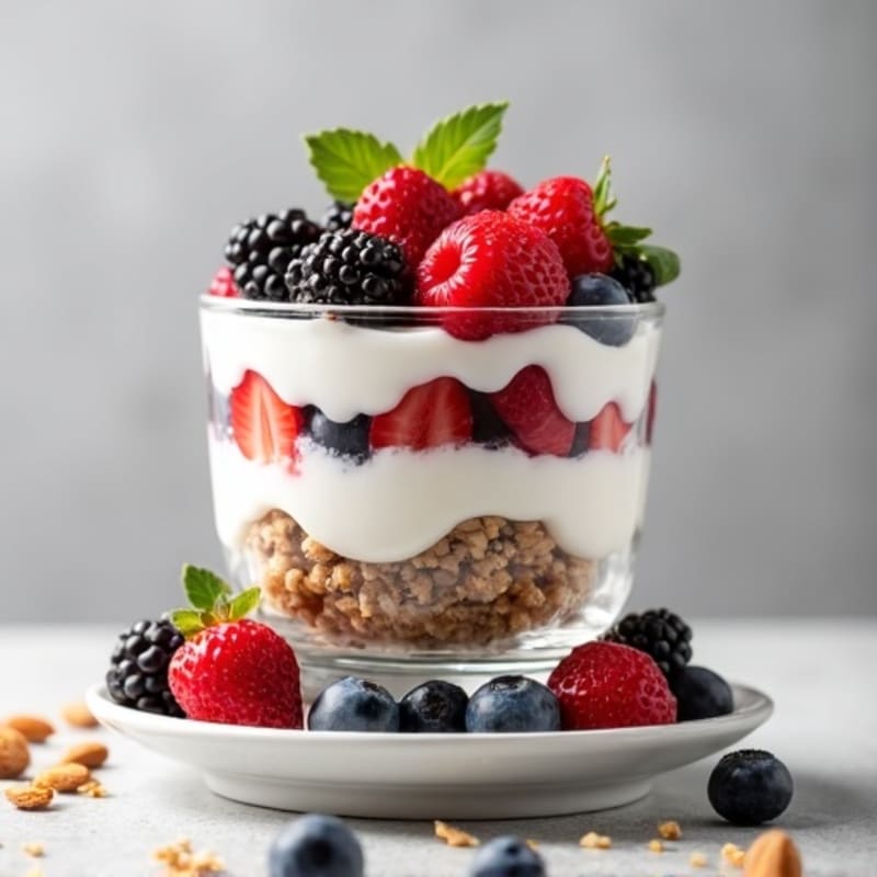 Greek Yogurt Parfait with Mixed Berries and Crunchy Almond Granola
