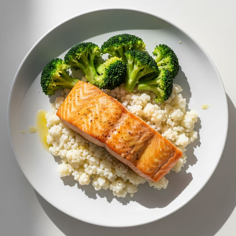 Seared Salmon with Steamed Broccoli and Cauliflower Rice
