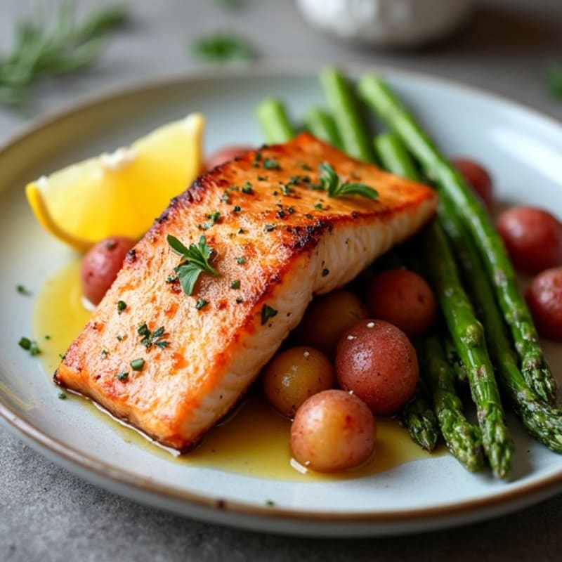 Seared Salmon with Roasted Asparagus and Red Potatoes