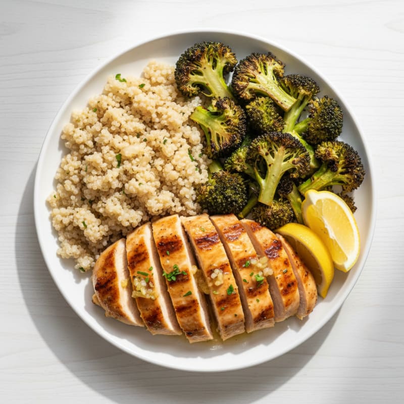 Grilled Lemon-Garlic Chicken Breast with Quinoa and Roasted Broccoli