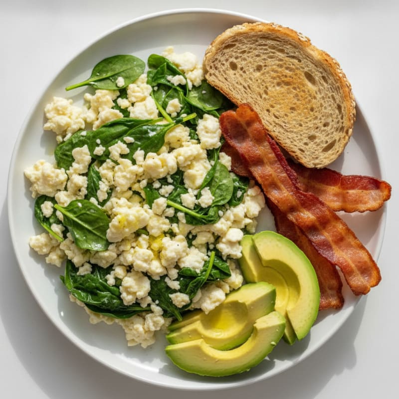 Crispy Turkey Bacon and Egg White Scramble with Spinach