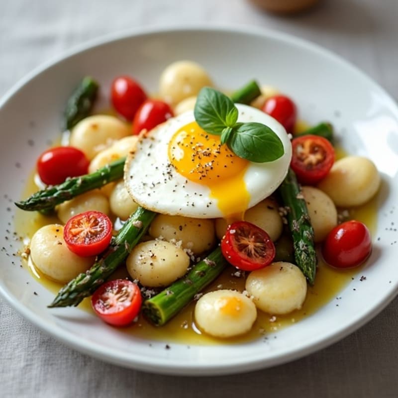 Pan-Seared Ricotta Gnocchi with Roasted Asparagus and Blistered Tomatoes