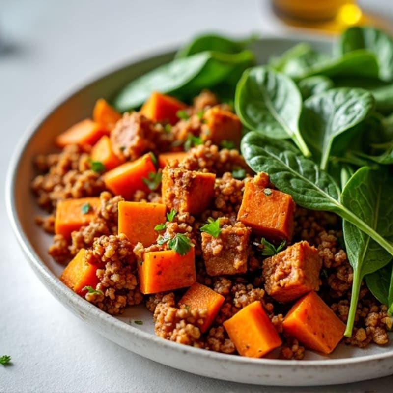 Crispy Sweet Potato Hash with Lean Ground Turkey and Fresh Spinach