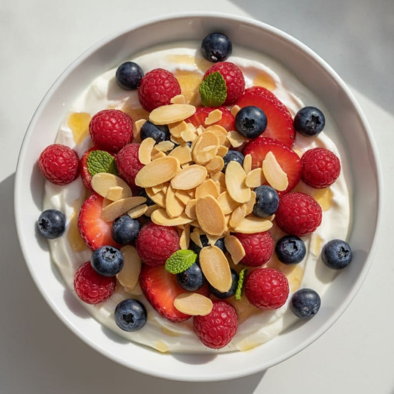 Greek Yogurt Protein Parfait with Mixed Berries and Almonds