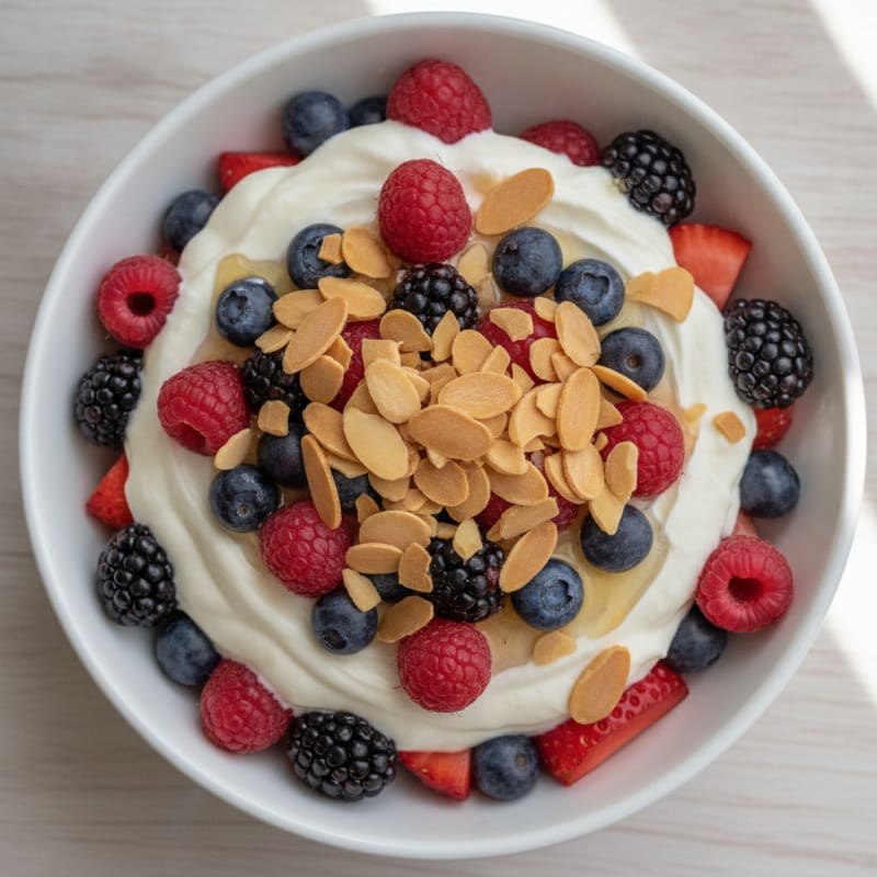 Greek Yogurt Protein Parfait with Mixed Berries and Almonds