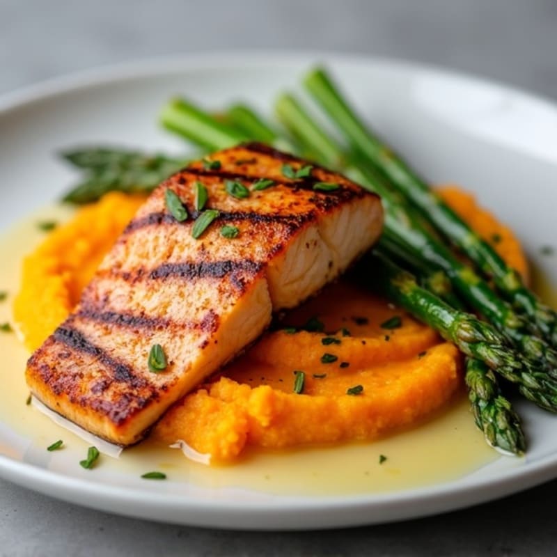 Seared Salmon with Roasted Asparagus and Sweet Potato Mash