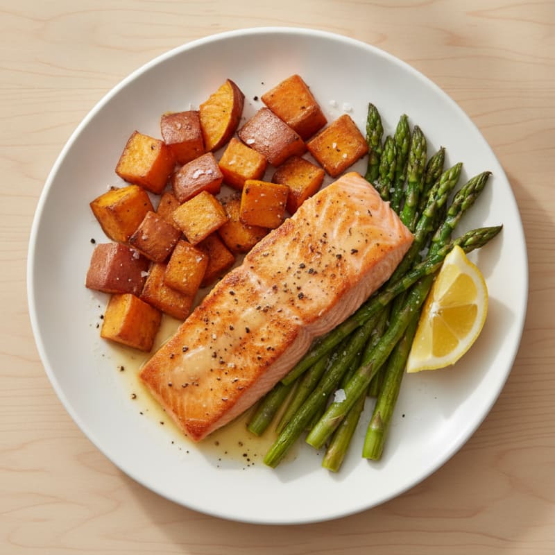 Seared Salmon Filet with Roasted Sweet Potatoes and Asparagus