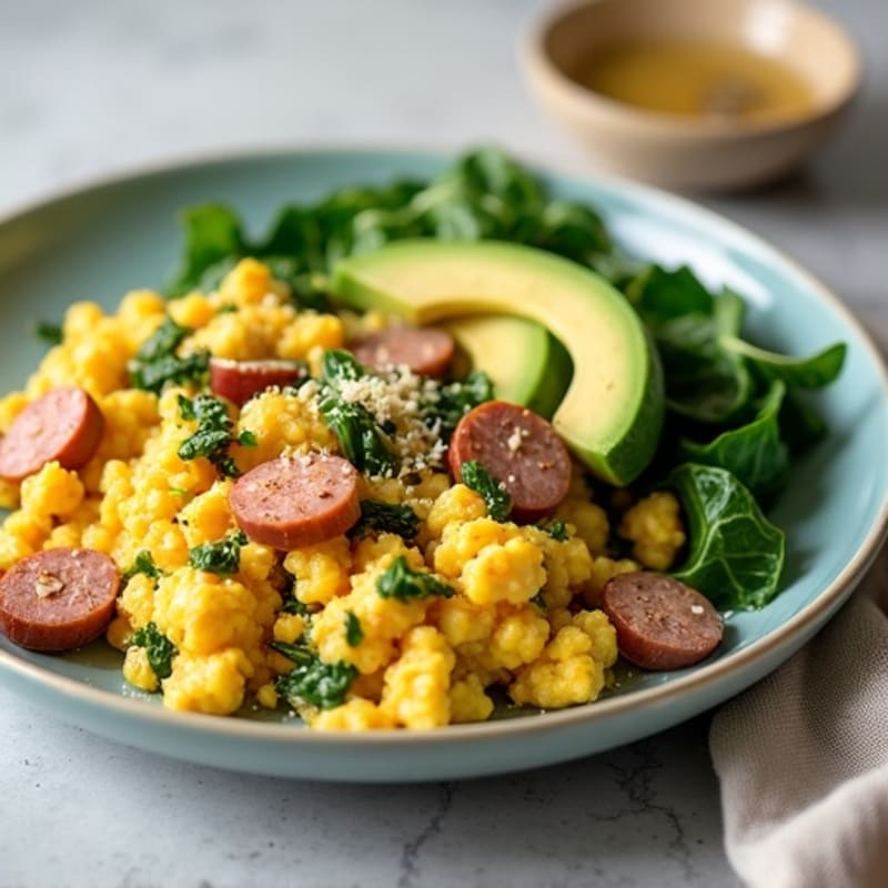 Egg White and Turkey Sausage Scramble with Sautéed Spinach