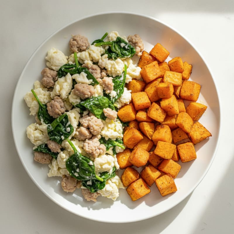Egg White and Turkey Sausage Scramble with Spinach and Roasted Sweet Potatoes