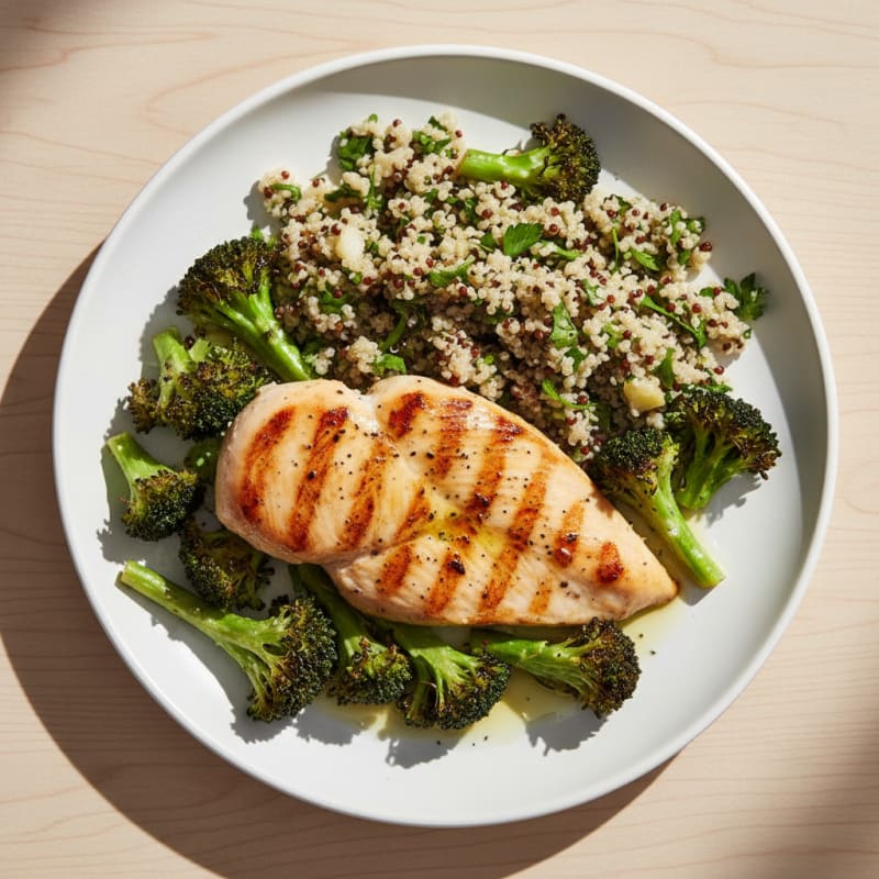 Grilled Chicken Breast with Quinoa Salad and Roasted Broccoli