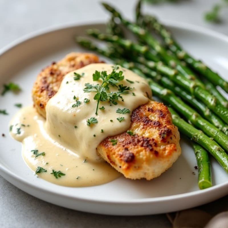 Pan-Seared Chicken with Creamy Garlic Parmesan Sauce and Roasted Asparagus