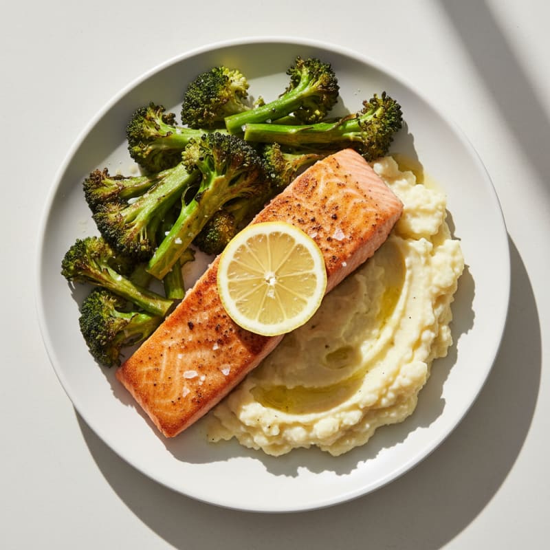 Seared Salmon with Roasted Broccoli and Garlic Mashed Cauliflower
