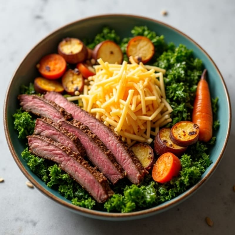Roast Beef and Sharp Cheddar Power Bowl with Crispy Greens and Roasted Root Vegetables